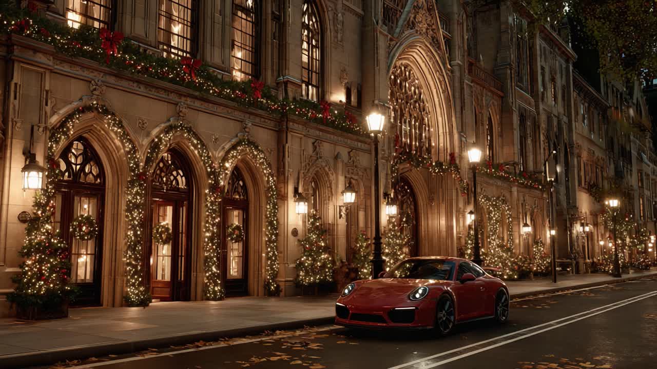 A Festive Red Sports Car Parked Elegantly Beside a Beautifully Decorated Historic Building Lit Up for the Holidays, Creating a Charming Winter Scene at Night