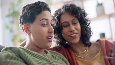 lgbt, laptop and happy lesbian couple conversation