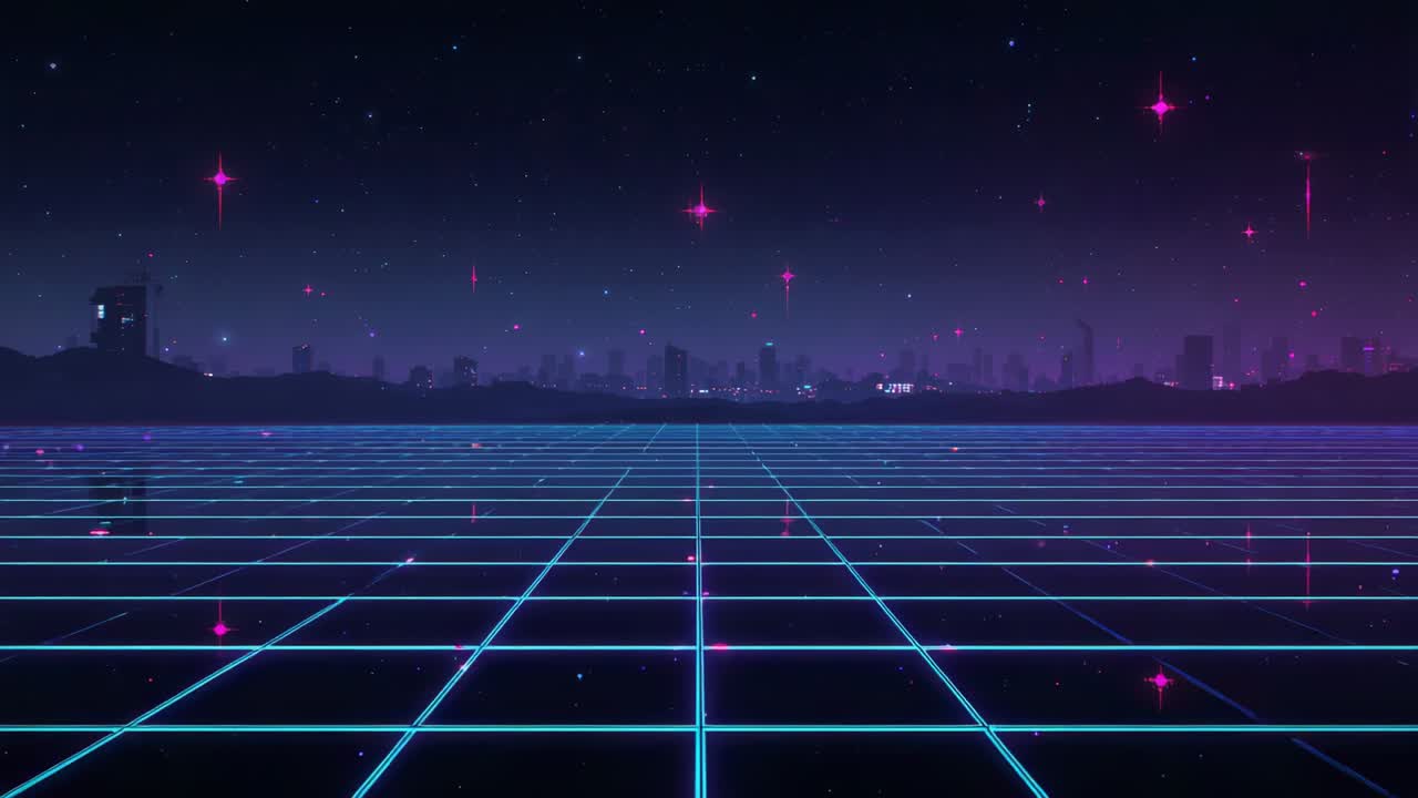 Loop di piano griglia ciano iniziale con sfarfallio e scintillio su cielo al neon, skyline e bagliori rosa