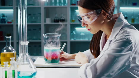 scientist conducting colorful chemical experiment in a lab