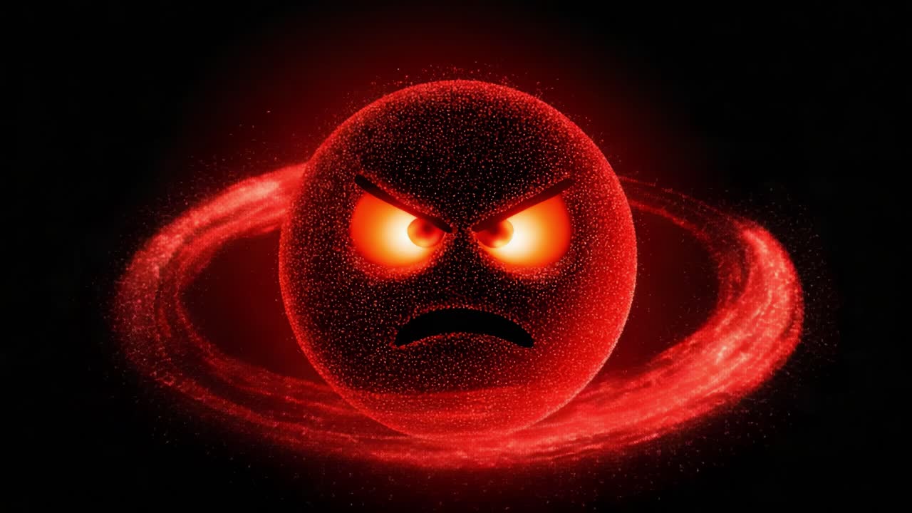 An animated cosmic sphere radiating intense anger and frustration, surrounded by a fiery vortex, showcasing an expressive face with ominous glowing eyes that convey a strong emotional message