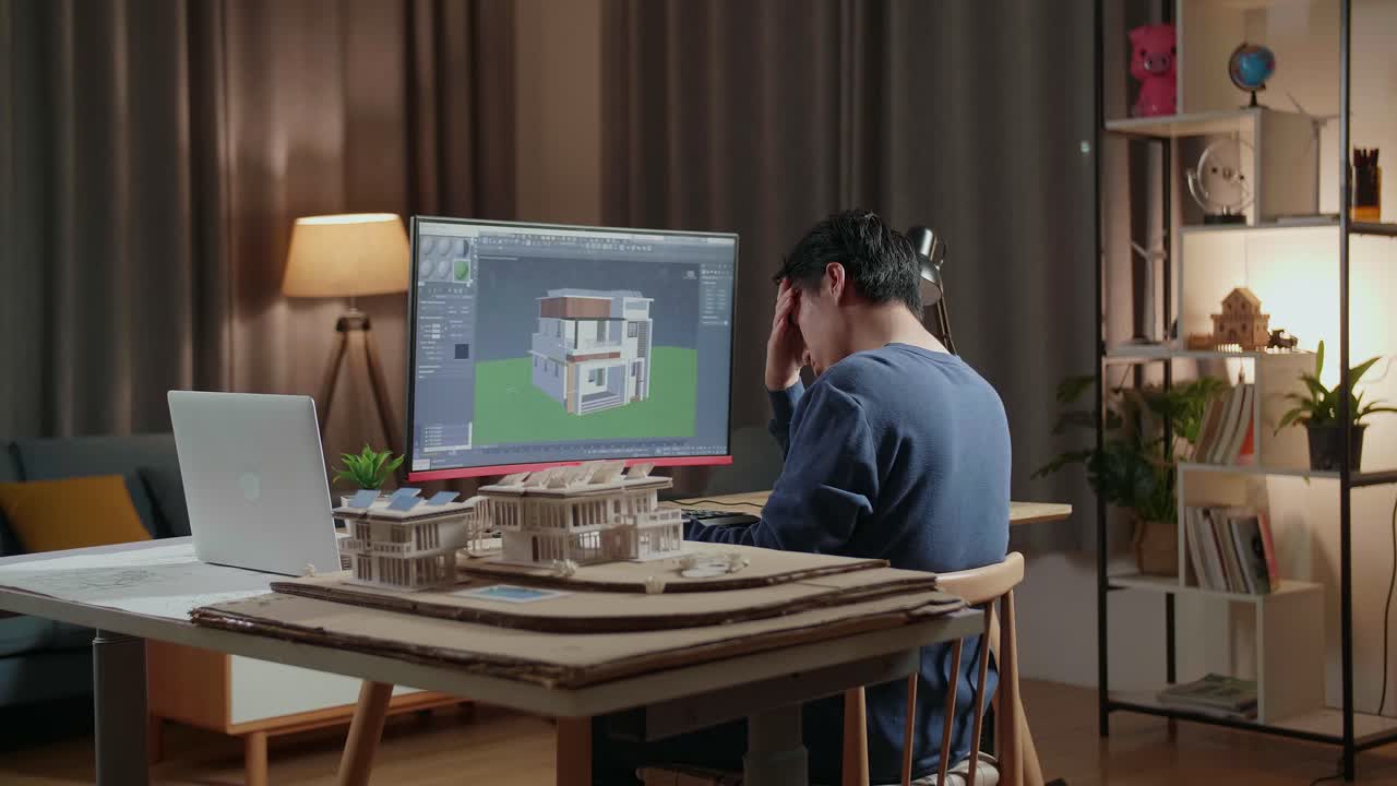 архитектор работает поздно над дизайном дома.