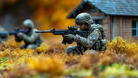 soldiers in tactical formation during a training exercise in fall foliage