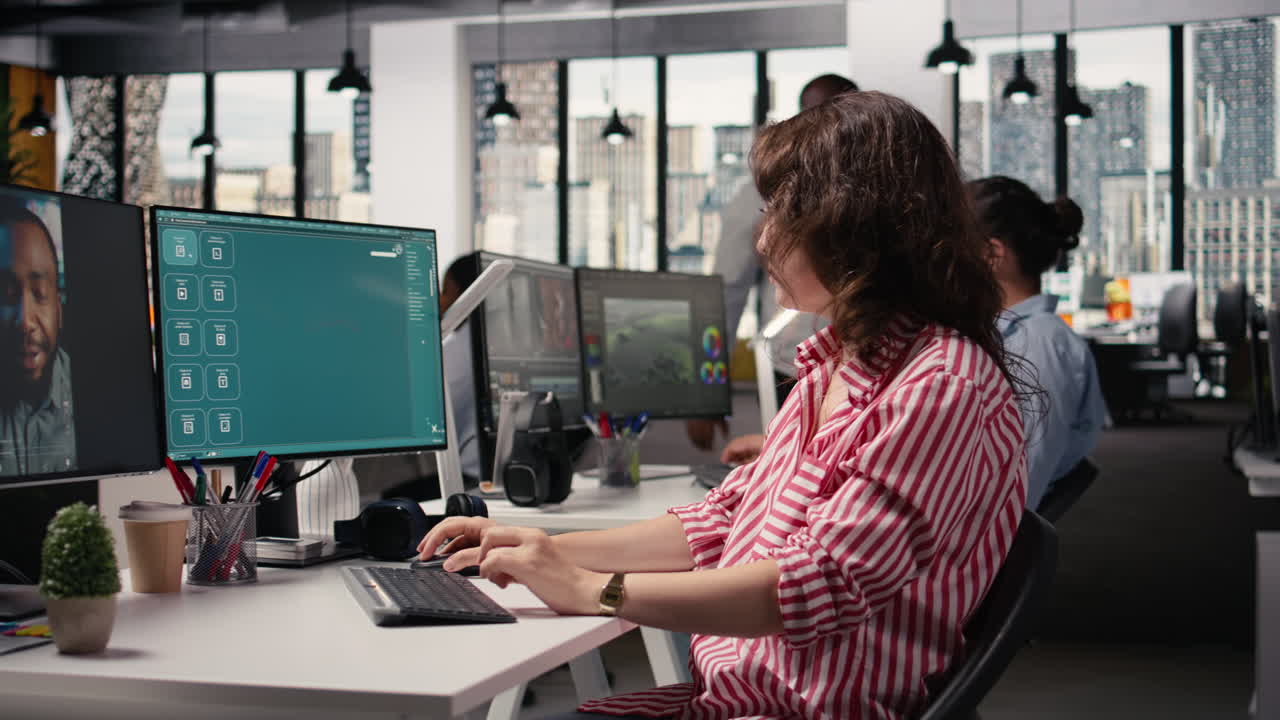 Female agency worker ensuring post production with AI generative software