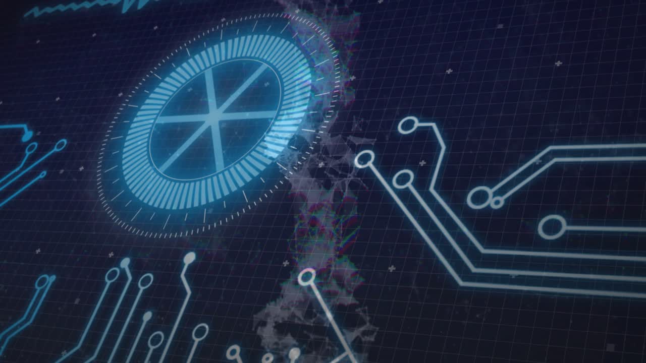 Wave pulse driving dashboard rotating glitch strip emerging as circuits lighting to show interface