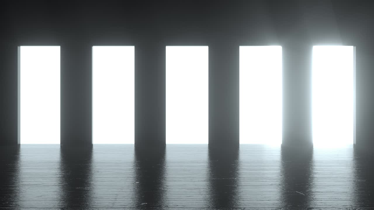 어두운 방에 있는 다섯 개의 문에서 빛이 아져 나옵니다. 밝은 빛으로 공간을 가득 채우십시오. 어의 방에서 밝은 빛. 올바른 선택 개념. 4k의 3d 애니메이션 루프.
