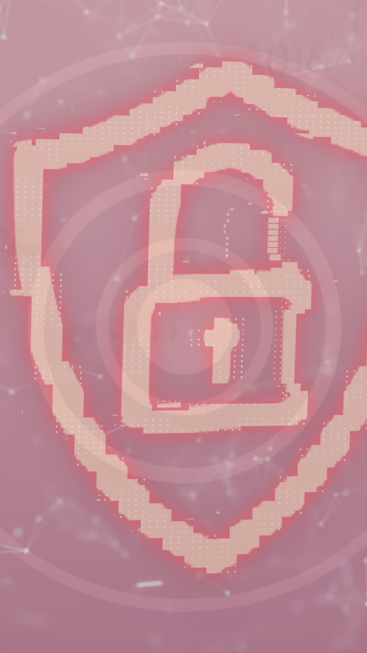 red de conexiones y símbolos cambiantes contra el icono de candado de seguridad en fondo rosa