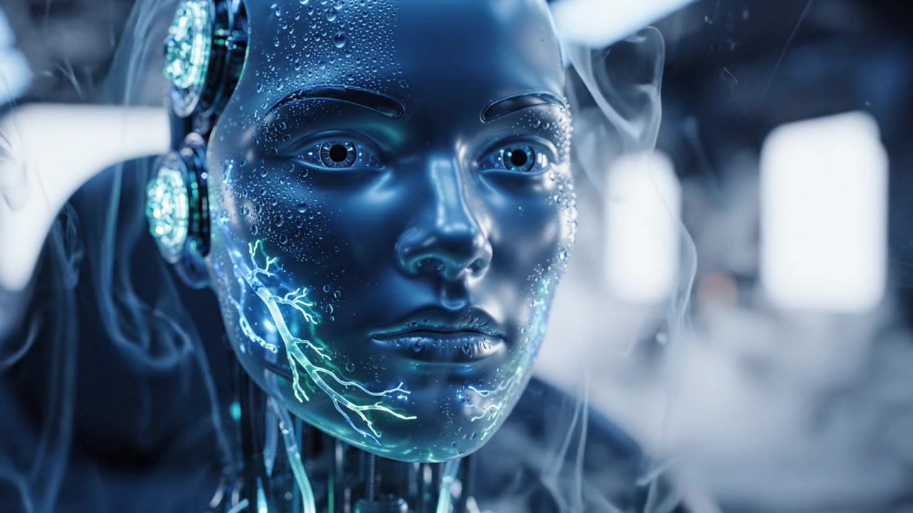 Robot futuristico con estetica nordica, circondato da nebbia e luci LED, illustra la fusione di tecnologia e arte in una composizione visivamente sbalorditiva.