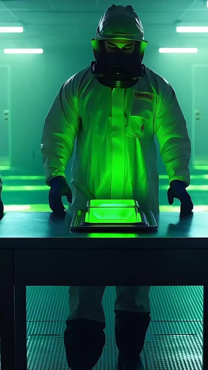 Vertical video: Walking lead in hazmat reaching steel table in lab placing capsules into green tray