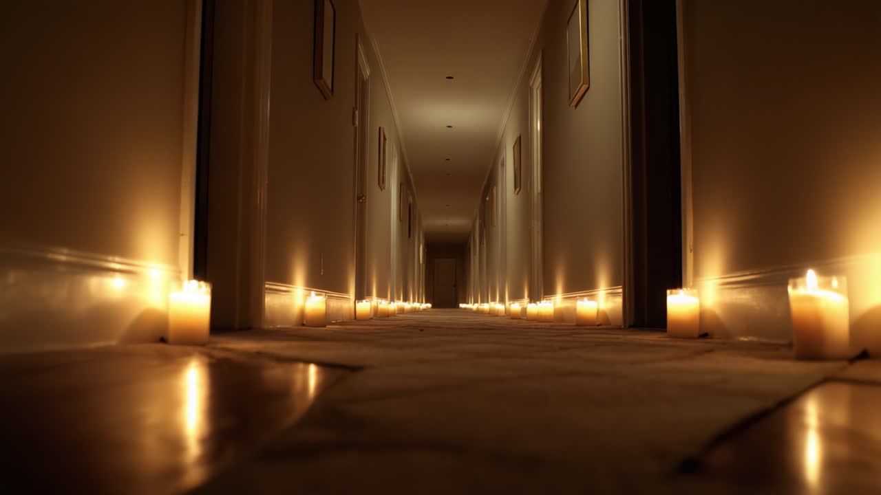 A Serene Hallway Illuminated by Flickering Candlelight, Creating a Warm Ambiance and Enigmatic Atmosphere Perfect for Introspection and Reflection