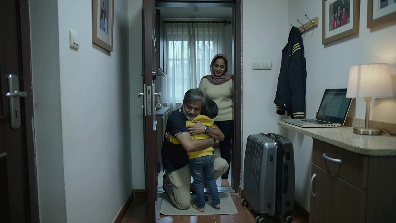 Father Returning Home and Hugging His Young Son