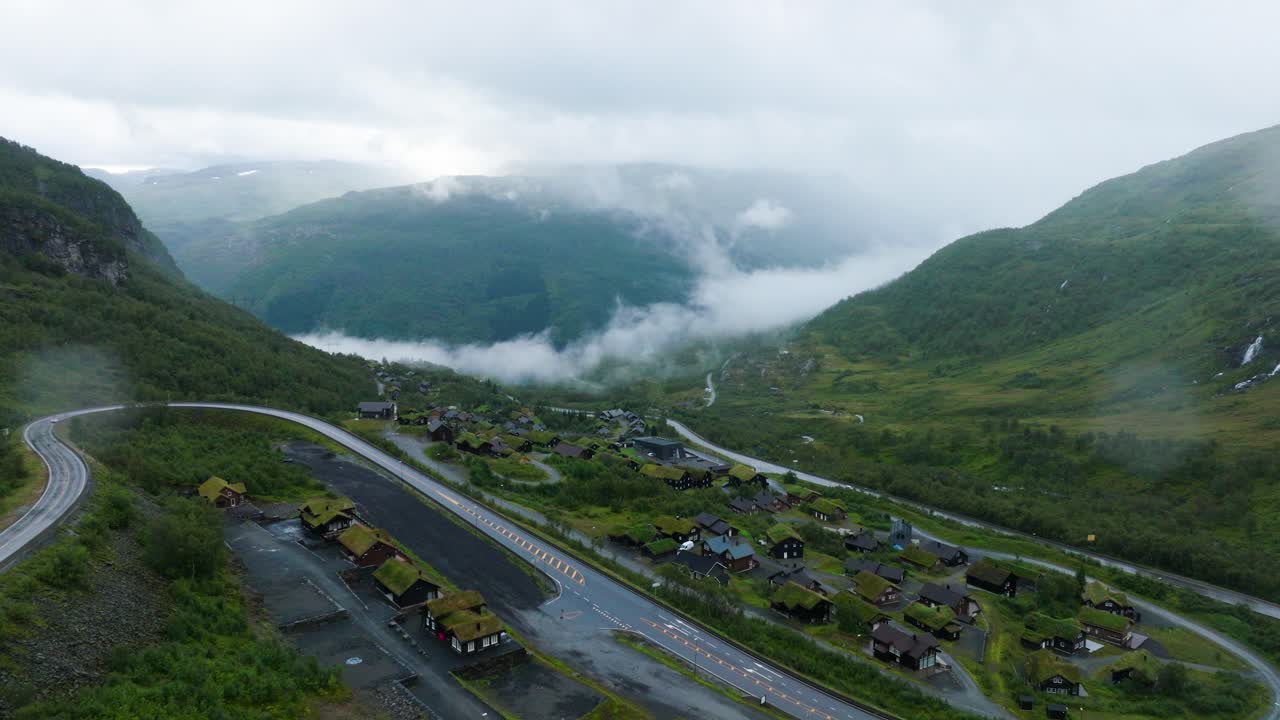 Drone view of Røldal ski center on rainy summer day