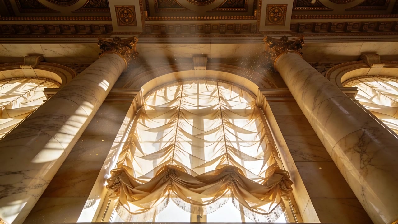 Raggi di sole che si spostano attraverso una finestra ad arco in una grande sala, inondando le tende, marmo che mostra polvere.