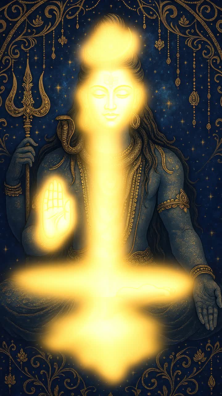 Illustrazione video intricata di una divinità in meditazione, adornata con dettagli dorati