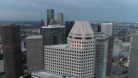 this video is about an aerial view of the downtown houston skyline in the evening