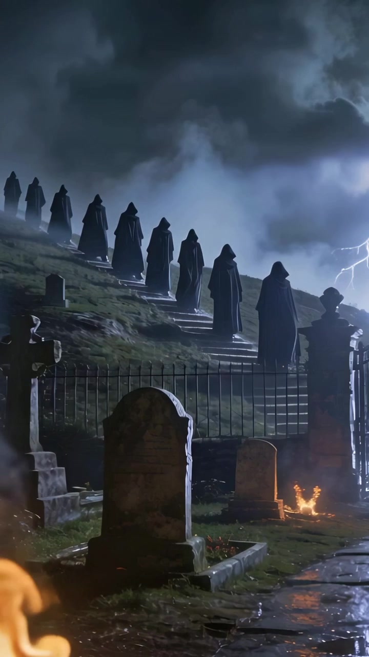 Vertical video: Cloaked procession descending stone steps in cemetery by lightning, with torches