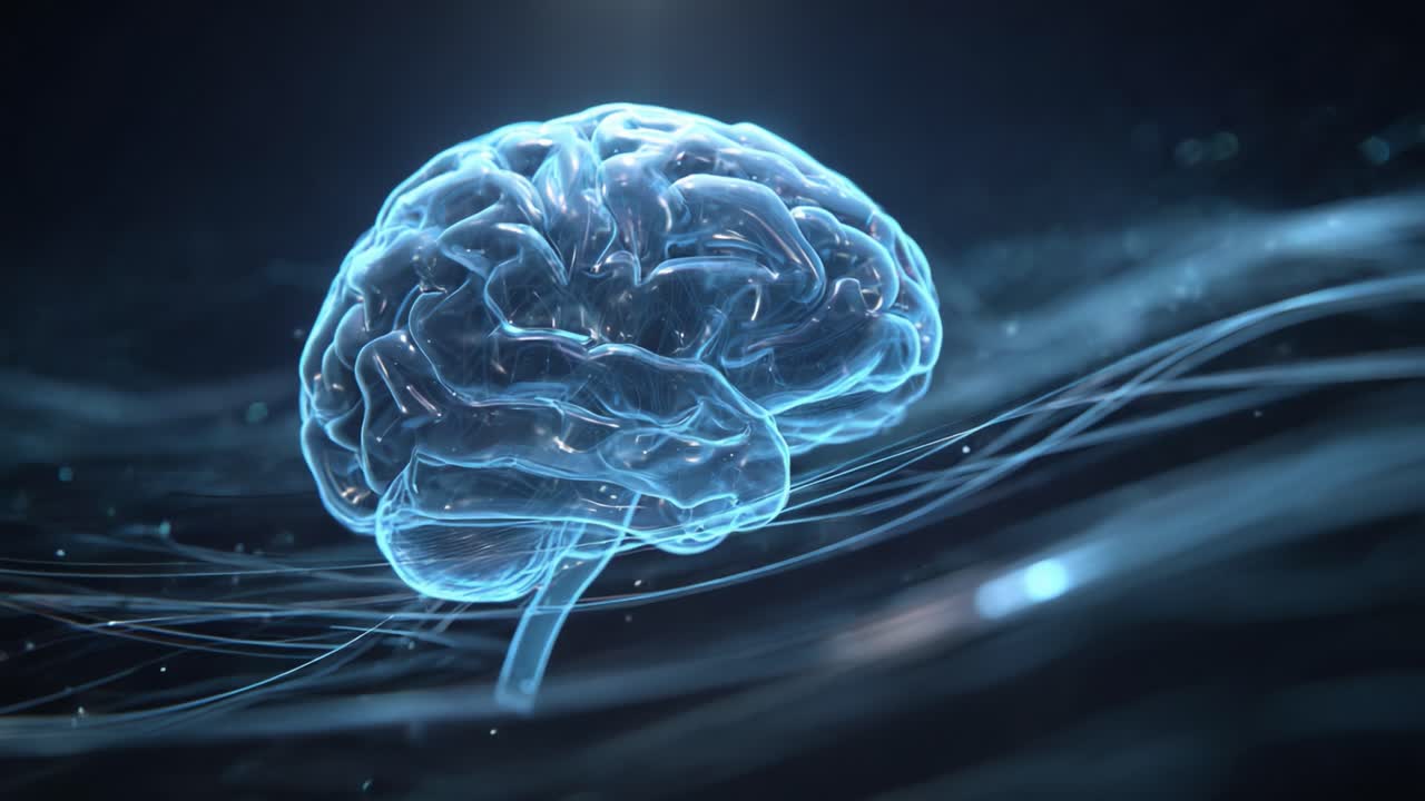 Digital rendering of a human brain with nerve impulses firing through a futuristic neural network, illustrating concepts of artificial intelligence, consciousness, and medical innovation