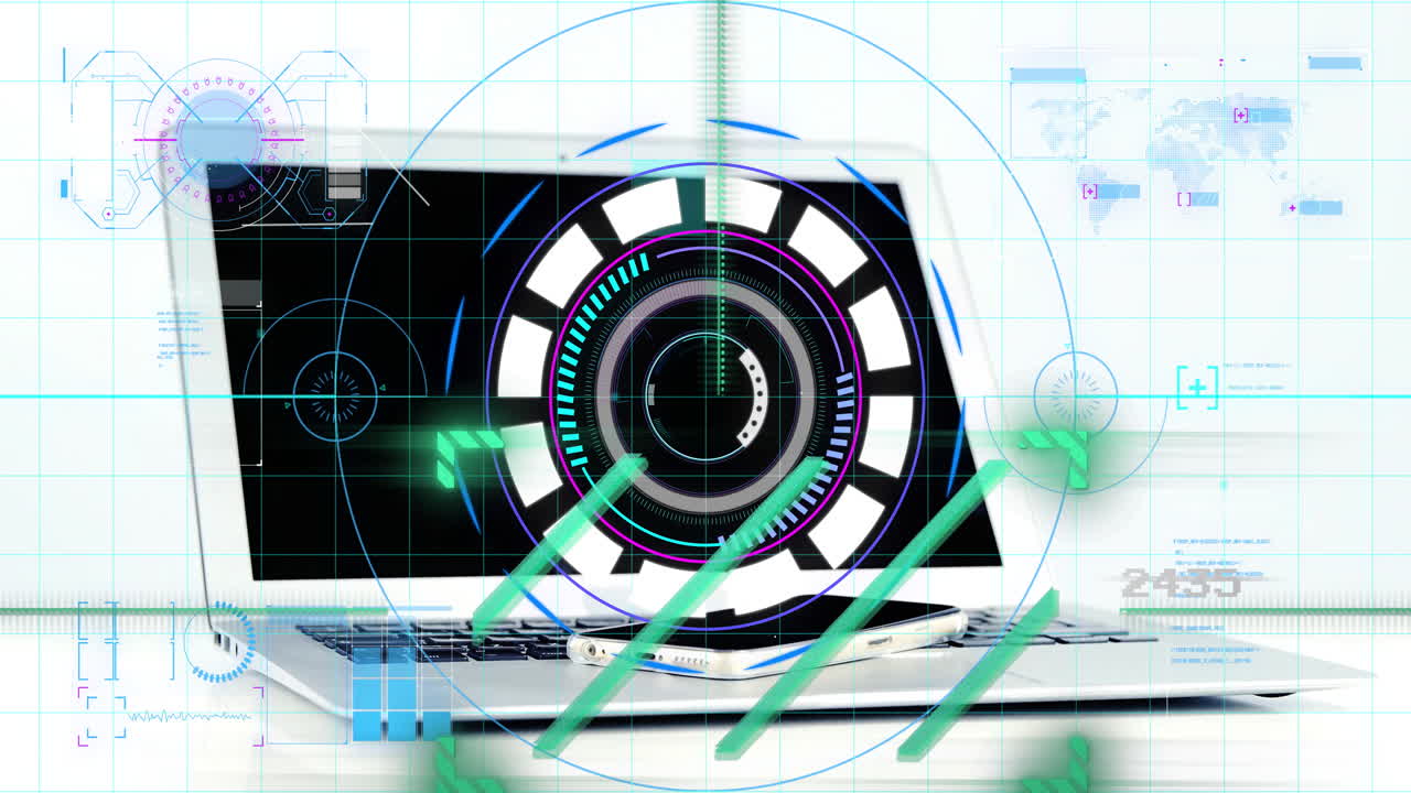 Futuristic digital interface animation over laptop with smartphone on desk