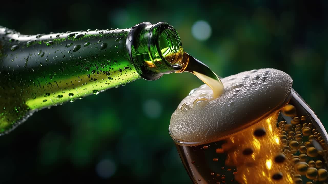 Birra fredda che si versa da una bottiglia verde in un bicchiere