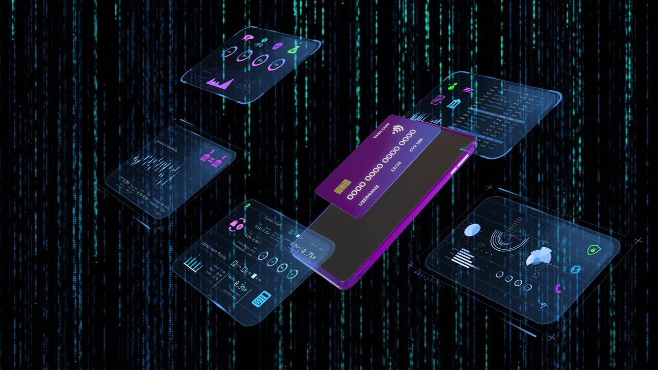 Phone pulsing, holo panels appearing and rotating while payment card sliding, forming dashboard