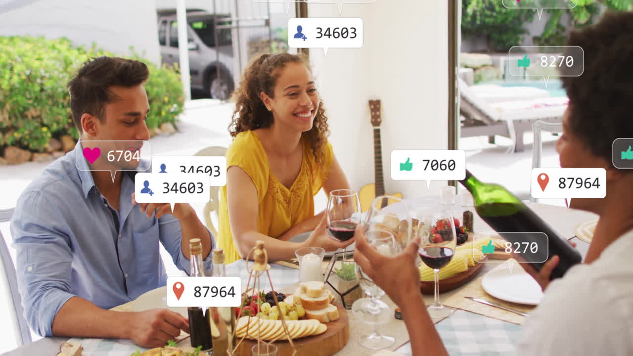 Eating meal, friends with animation of social media notifications appearing