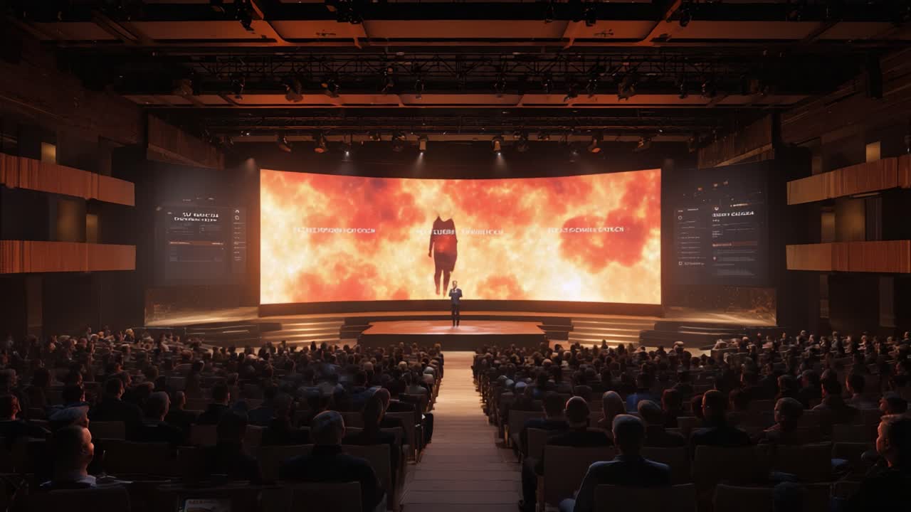 A dynamic presentation unfolds on stage, showcasing captivating visuals of fiery energy and passion as an engaging speaker stands confidently before a captivated audience in a stunning auditorium setting