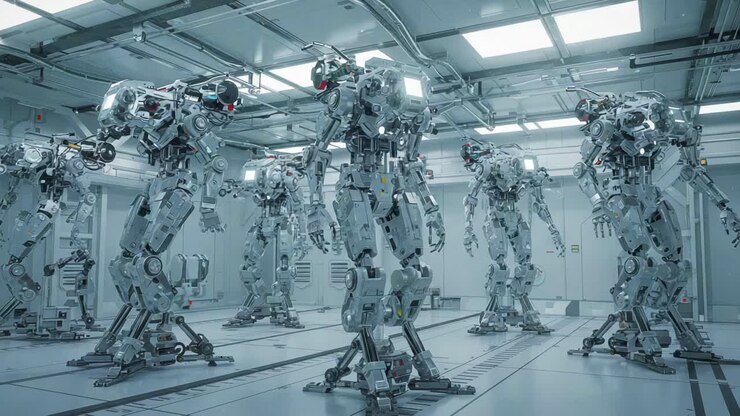 Laboratorio futurista que muestra robots humanoides avanzados involucrados en varias etapas de mantenimiento y preparación para operaciones en un entorno de alta tecnología.