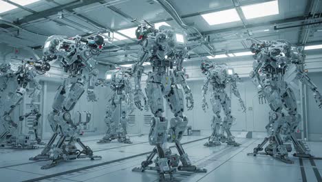 futuristic laboratory displaying advanced humanoid robots engaged in various stages of maintenance and preparation for operations in a high-tech environment