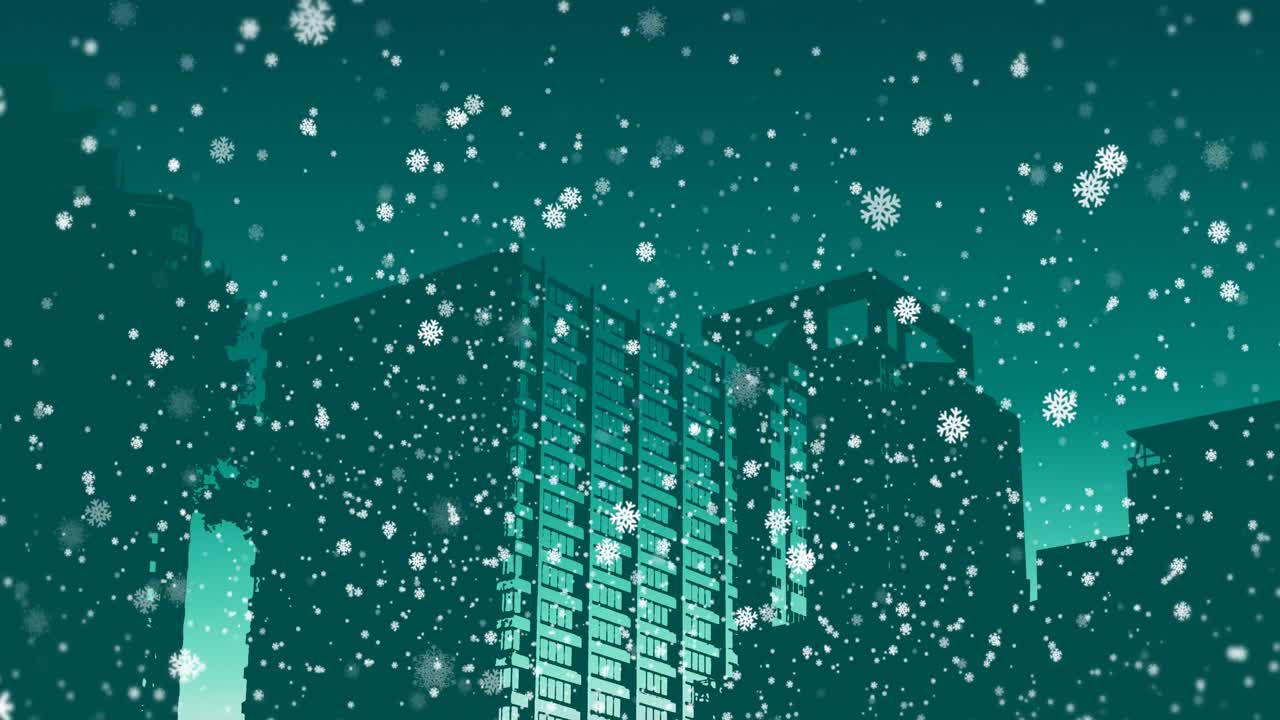 하 ⁇  크리스마스 눈송이가 파란색 바탕에 있는 도시 건물 위에 떨어지는 애니메이션