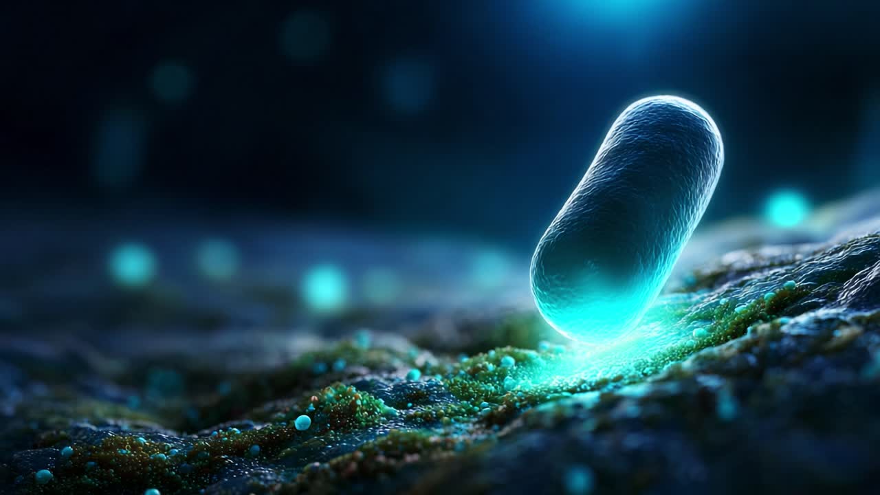 A Glowing Microbial Organism in a Mystical Environment Captured in Two Views, Emphasizing Its Intricate Structure and Vibrant Bioluminescence in a Microscopic World