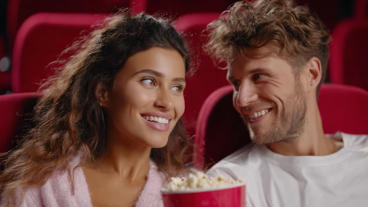 A Joyful Movie Experience: A Couple Enjoying Each Other's Company While Watching a Film in a Cozy Theater with a Bowl of Popcorn