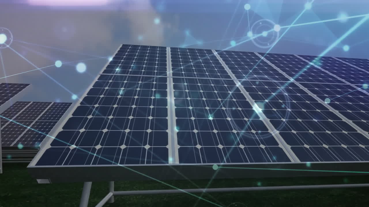 ground-mounted solar array tilting upward under clouds, glowing network lines floating in 3D render