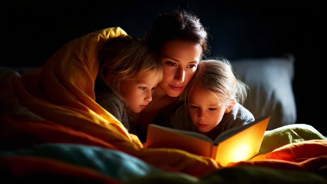 A Heartwarming Scene of a Mother Reading a Bedtime Story to Her Children Under a Cozy Blanket, Creating Cherished Memories in a Warm and Inviting Atmosphere