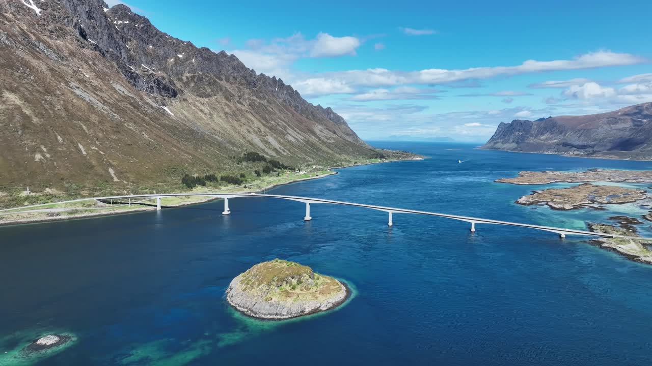 Gimsoy bridge and Gimsoystraumen currents through Lofoten islands, Norway aerial overview