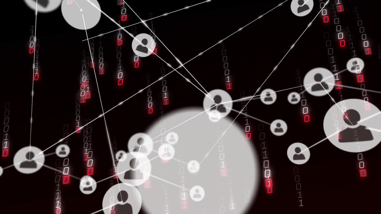 Single node appearing, nodes forming, lines linking, zooming, showing network over binary streams
