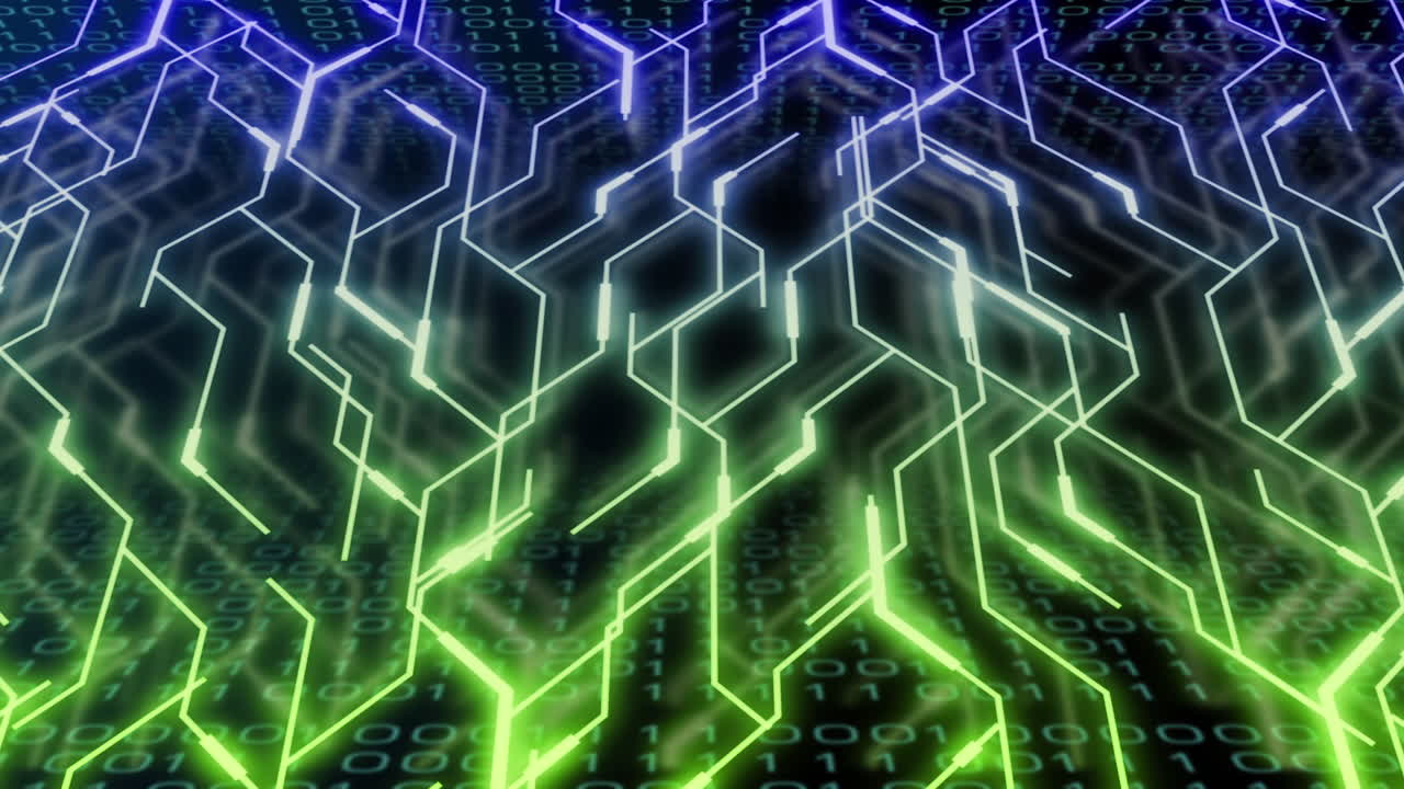animación de codificación binaria a través de una red de conexiones de neón.