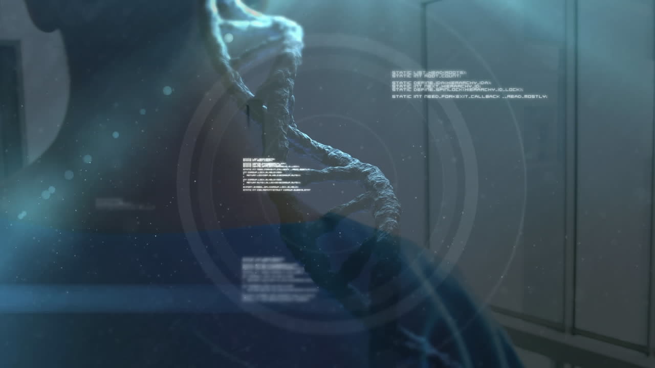 Female health worker uses tablet amidst DNA and medical data visuals for research.