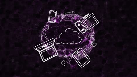 animation of diverse technology icons over brain on black digital background