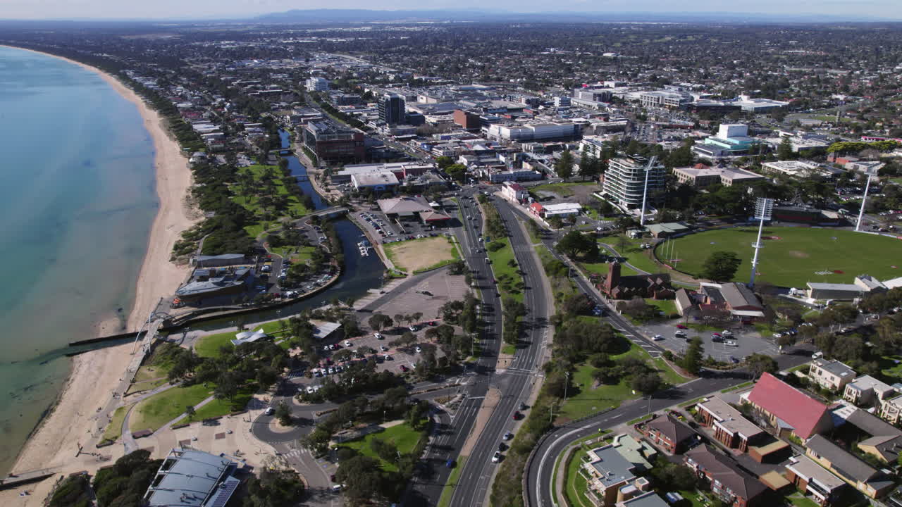 Aerial view revealing Frankston suburb, sunny day, Victoria, Australia
