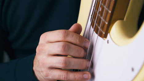 professional musician plays bass guitar in vertical position