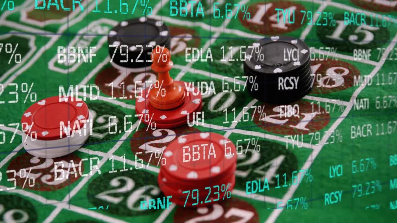animación del procesamiento de datos financieros sobre pilas de fichas de juegos de casino a bordo