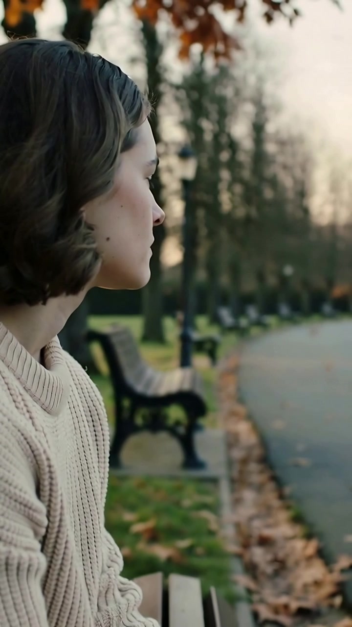 Video verticale: La telecamera si allontana mostrando una donna con un maglione color crema su una panchina del parco, sentiero, spazio per il testo.