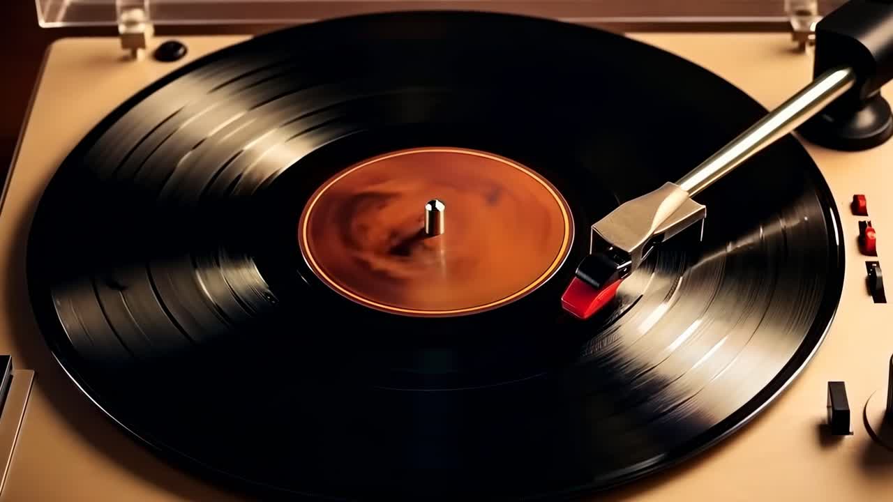 Close-up, top-down view of a spinning vinyl record on a turntable, capturing the retro vibe