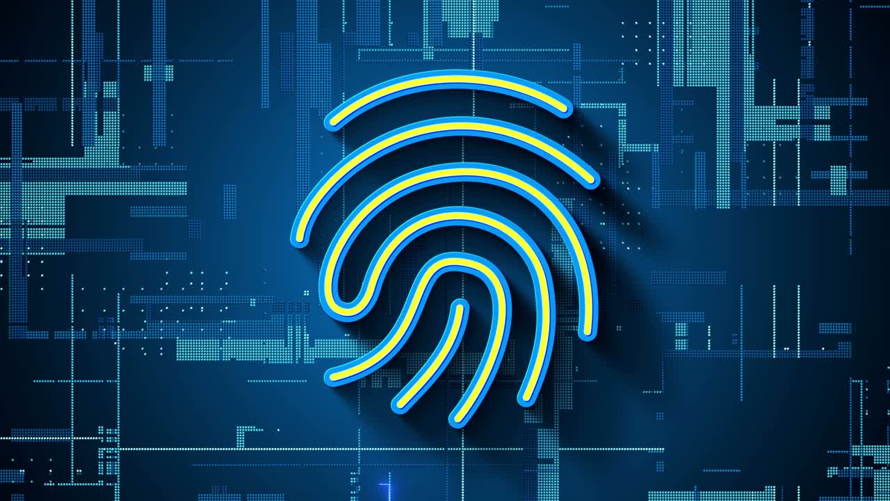 Biometric fingerprint sensor symbol for identity verification with digital neon curve. Security privacy password video loop animation.