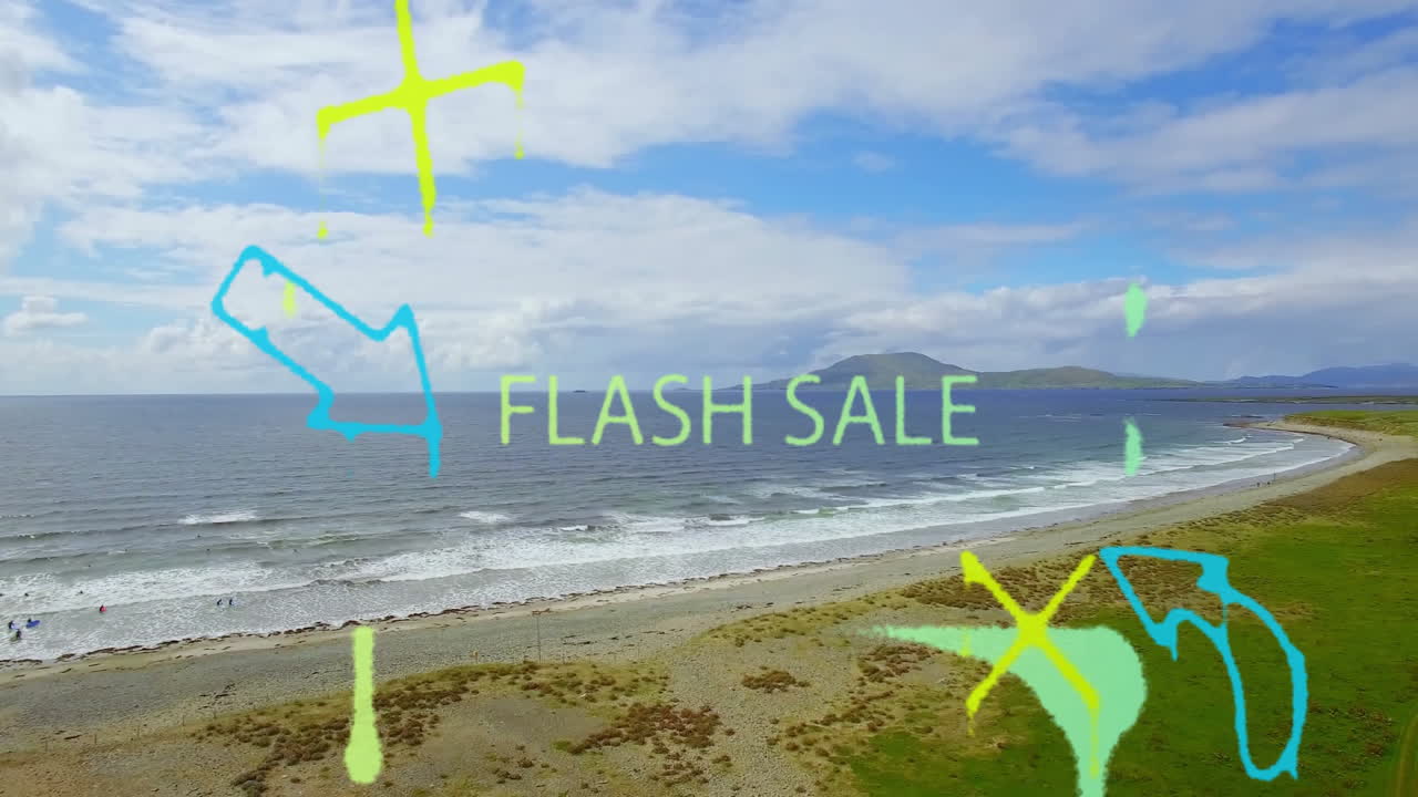 Flash sale text animation over scenic coastal landscape with ocean waves
