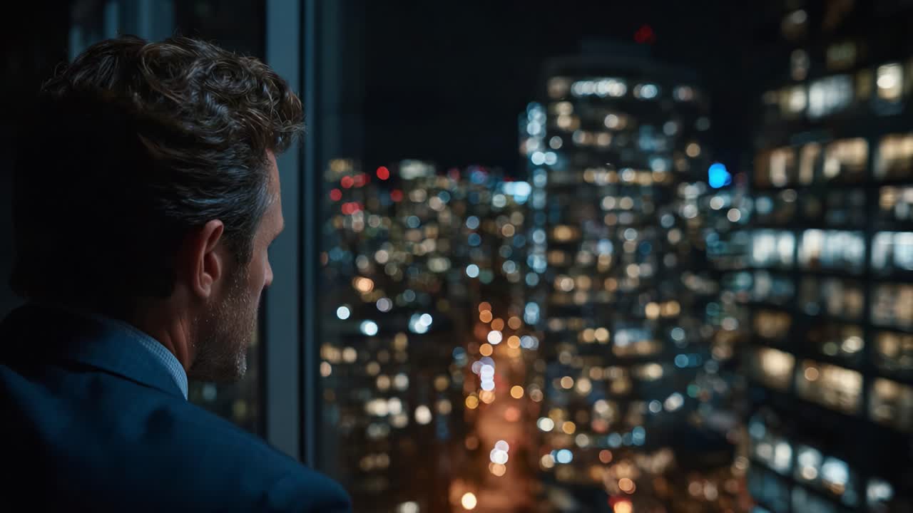 Contemplative Night View: A Man Gazes Out Over a Cityscape Illuminated by Vibrant Lights and Skyscrapers, Reflecting on Life's Moments at Dusk