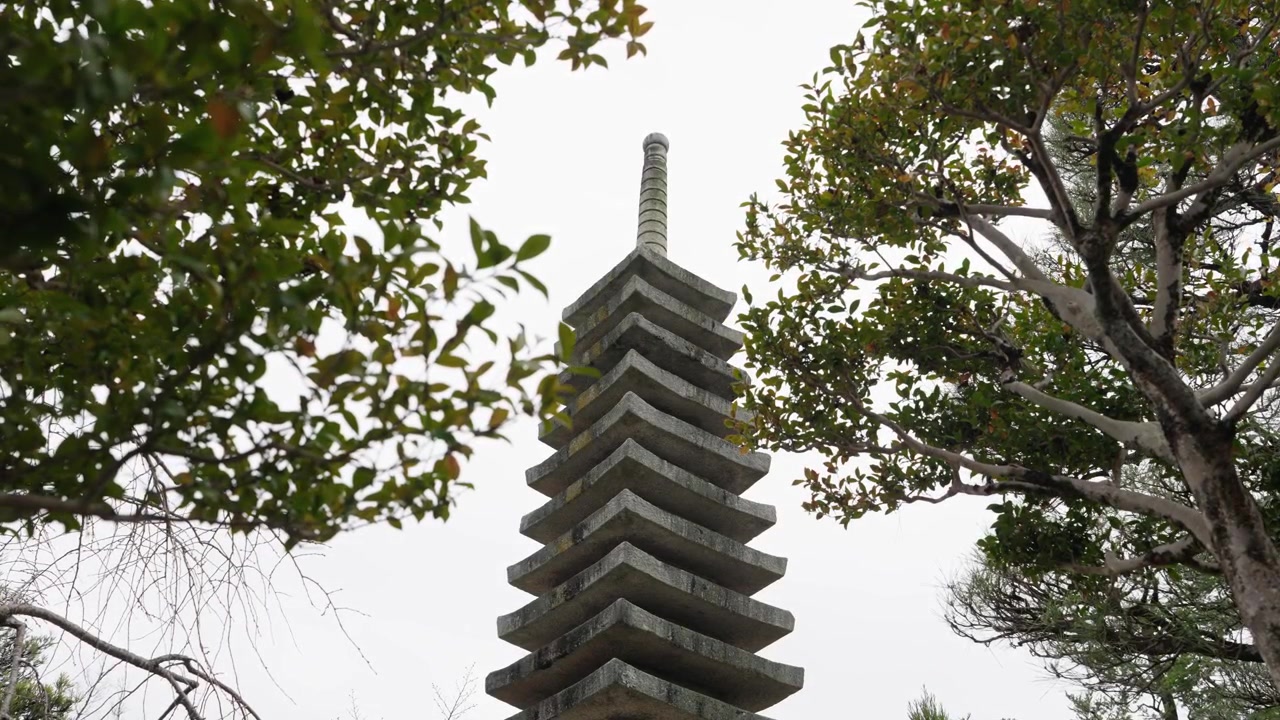 Høj ældgammel fleretagers stenpagode rejser sig mod en bleg overskyet himmel, indrammet af trækroner i Japan.