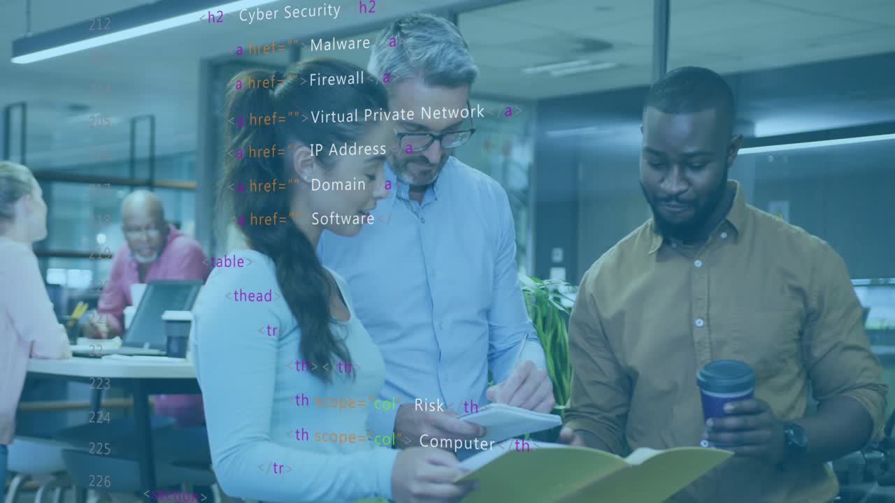 Cybersecurity specialist flipping binder page and technician tapping tablet, overlay updating terms