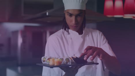 Animation-of-biracial-male-chef-preparing-sushi