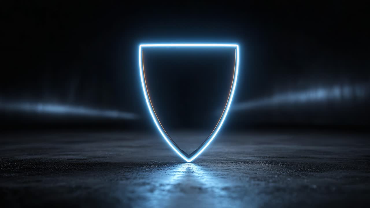 A Futuristic Neon Shield Emerges in a Dark Environment, Glowing with Ethereal Light and Casting Reflections on the Ground, Creating a Striking Visual Representation of Strength and Protection